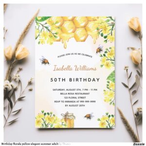 Birthday florals yellow elegant summer adult invitation