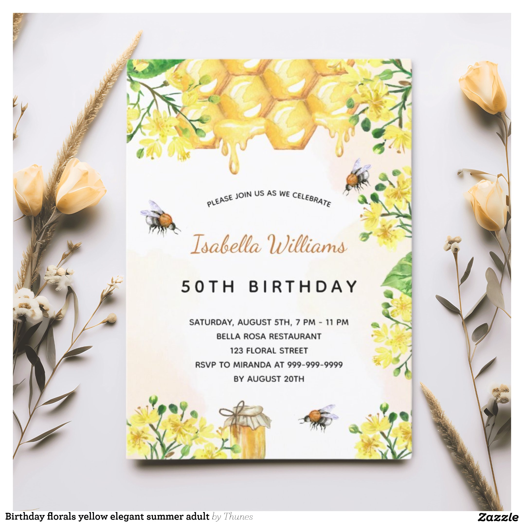 Birthday florals yellow elegant summer adult invitation