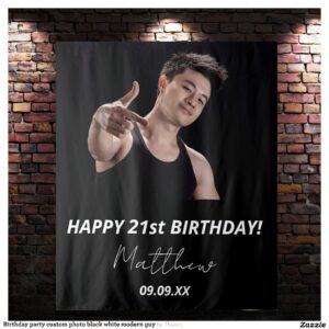 Birthday party custom photo black white modern guy tapestry