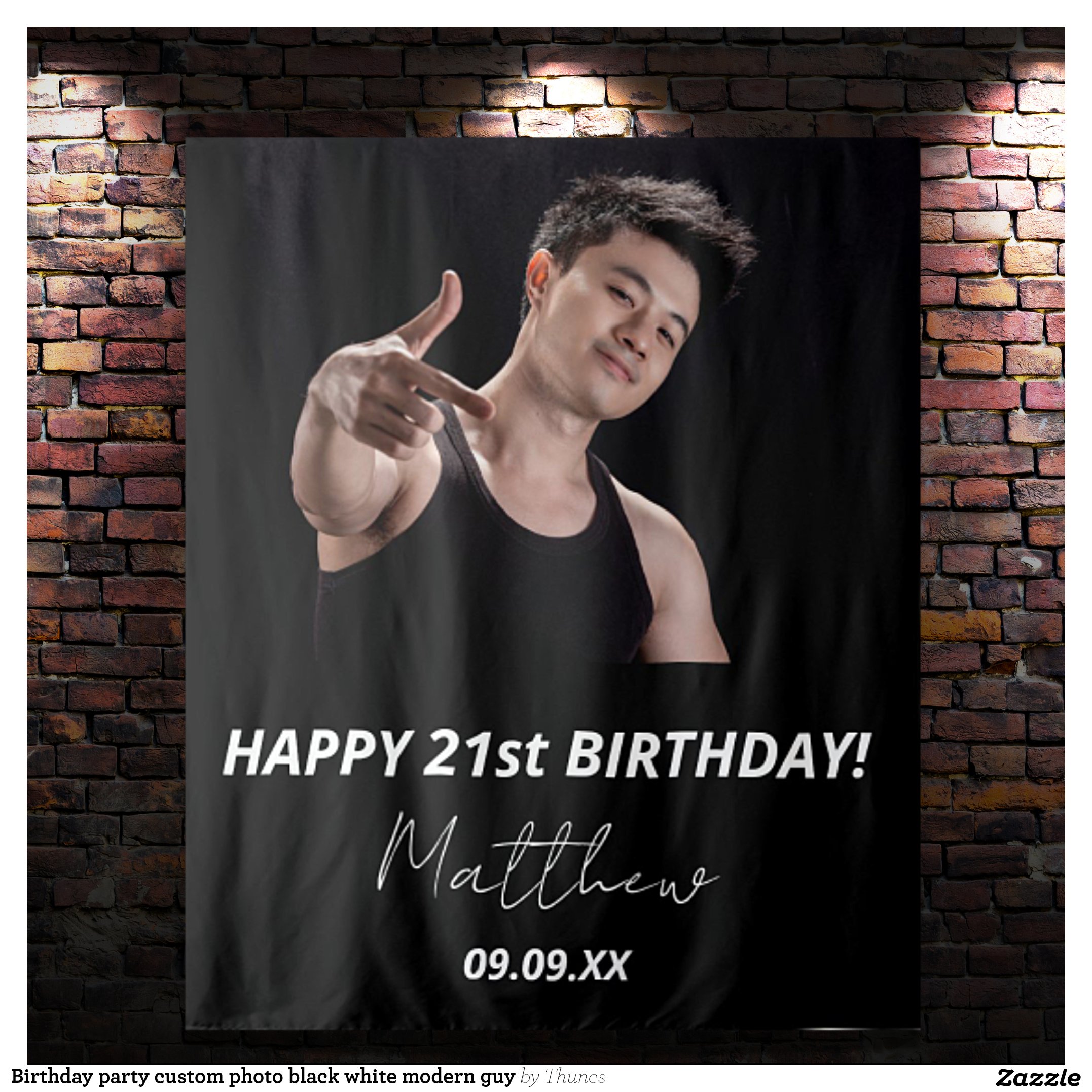 Birthday party custom photo black white modern guy tapestry