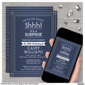 Birthday Surprise Party Elegant Navy Blue & White Invitation