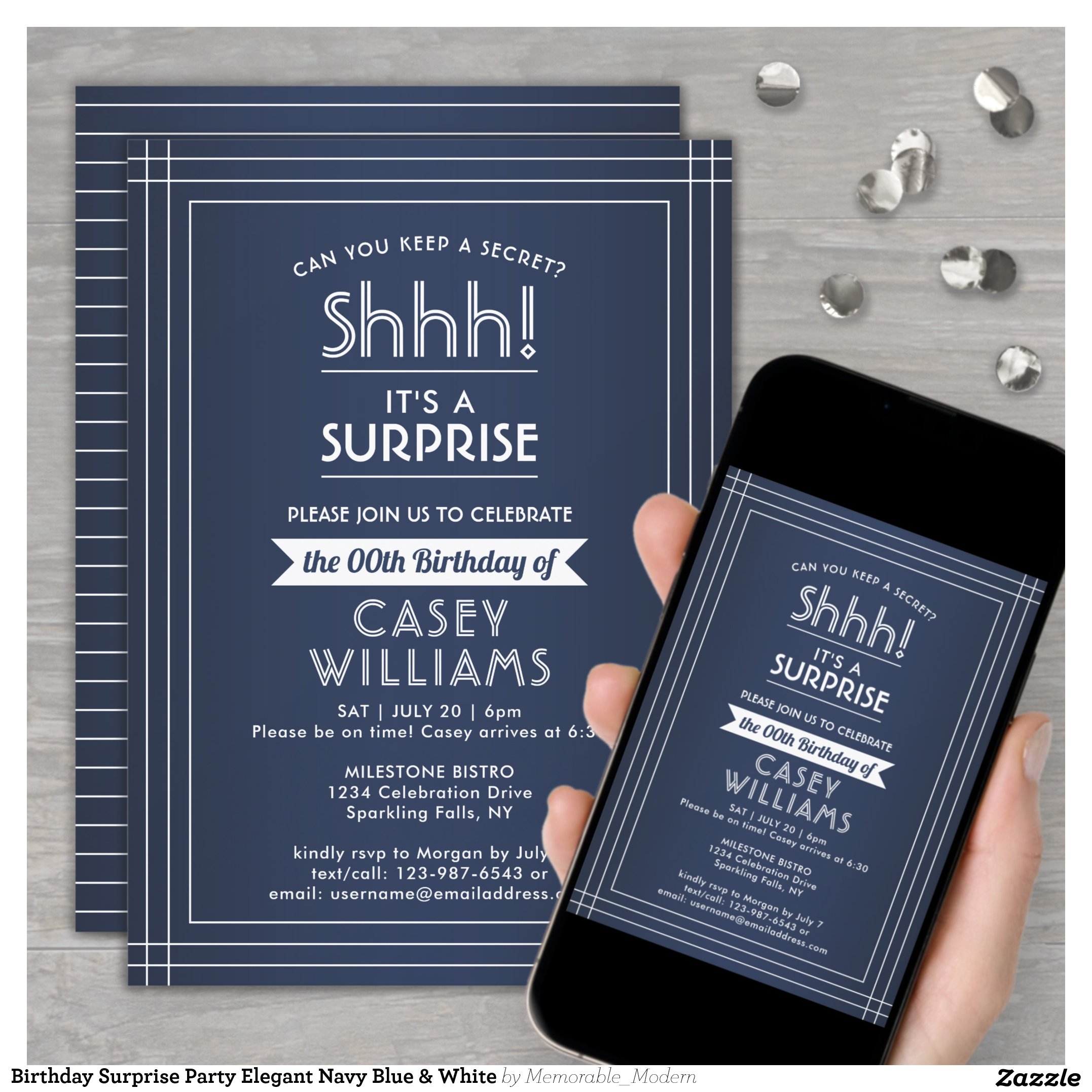 Birthday Surprise Party Elegant Navy Blue & White Invitation