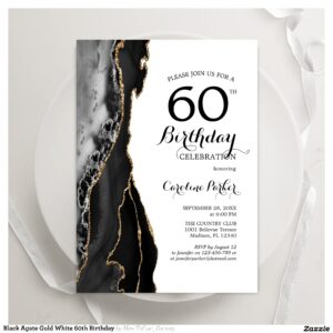Black Agate Gold White 60th Birthday Invitation