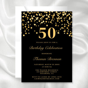 Black And Gold Typography Fifty 50th Birthday Invitation