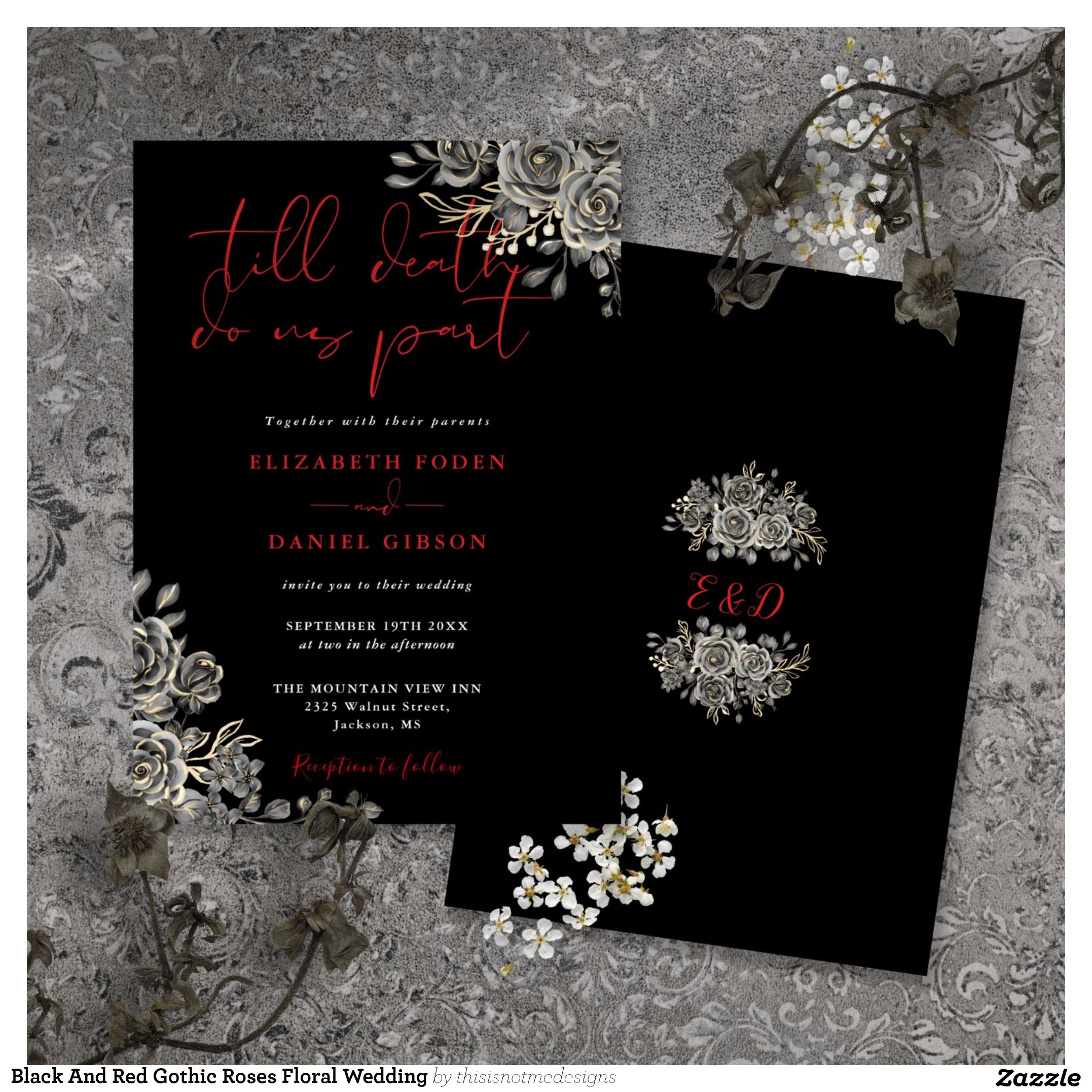 Black And Red Gothic Roses Floral Wedding Invitation
