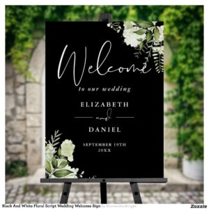 Black And White Floral Script Wedding Welcome Sign