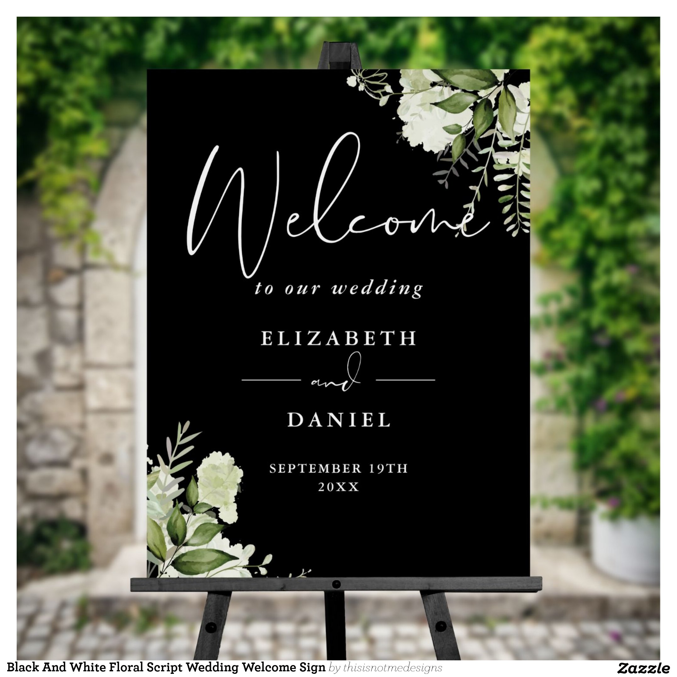 Black And White Floral Script Wedding Welcome Sign