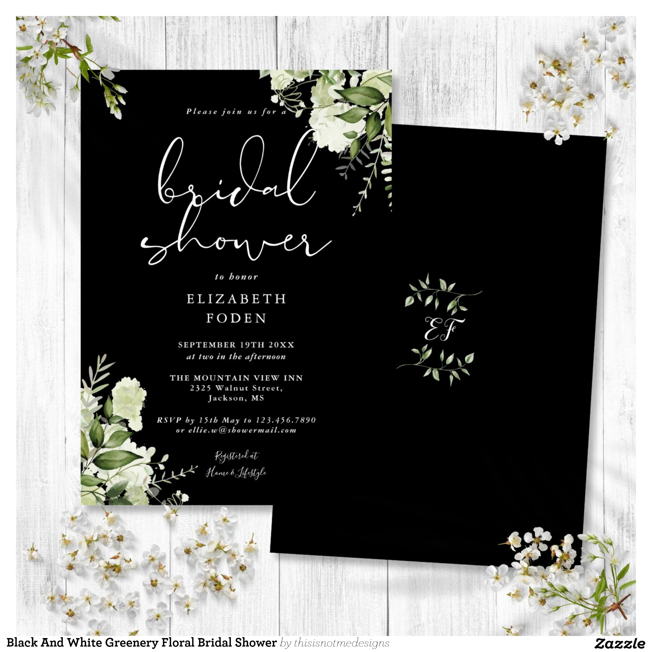 Black And White Greenery Floral Bridal Shower Invitation