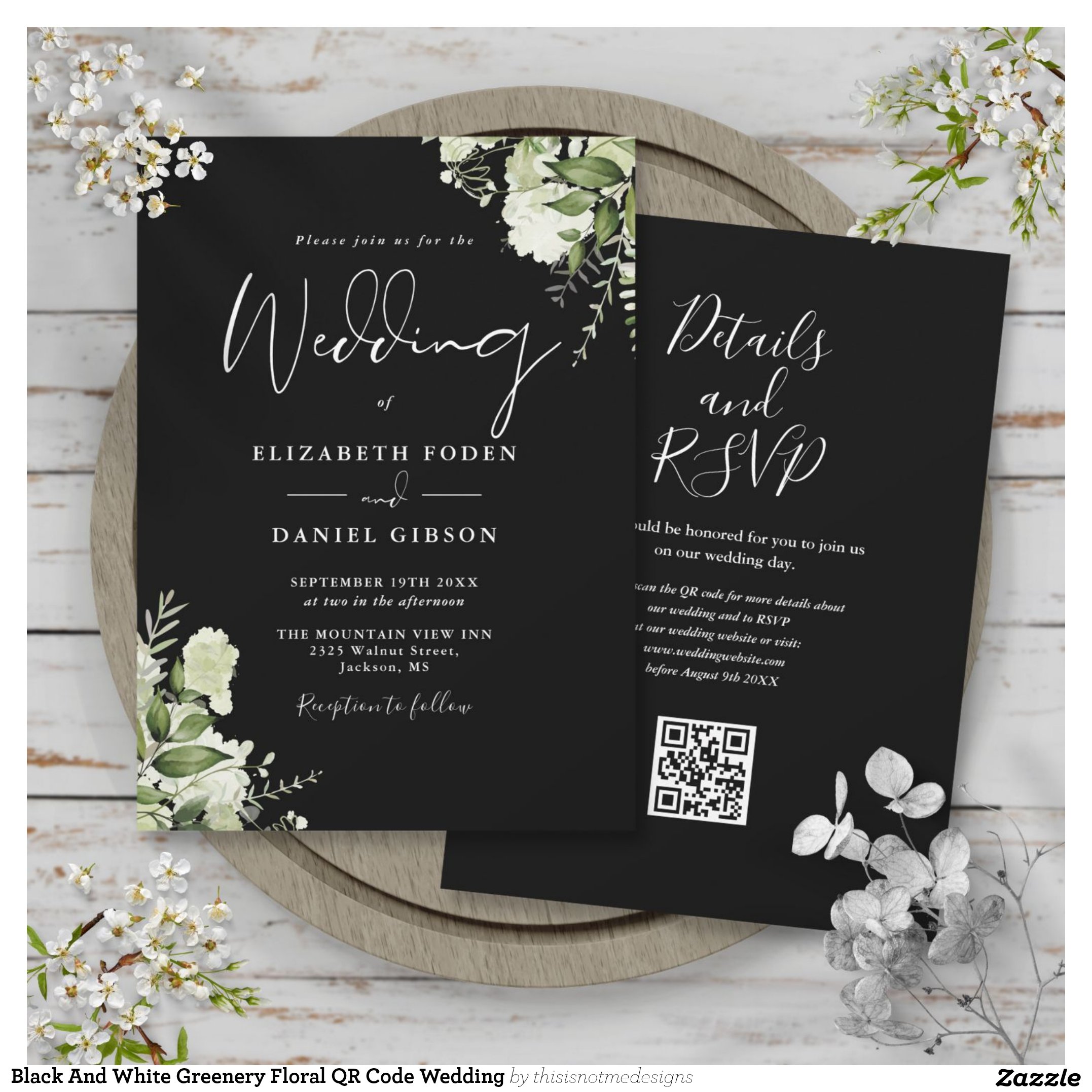 Black And White Greenery Floral QR Code Wedding Invitation