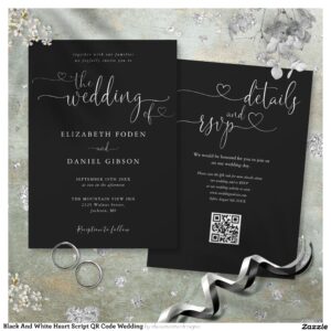 Black And White Heart Script QR Code Wedding Invitation