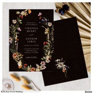 Black Boho Floral Wedding Invitation