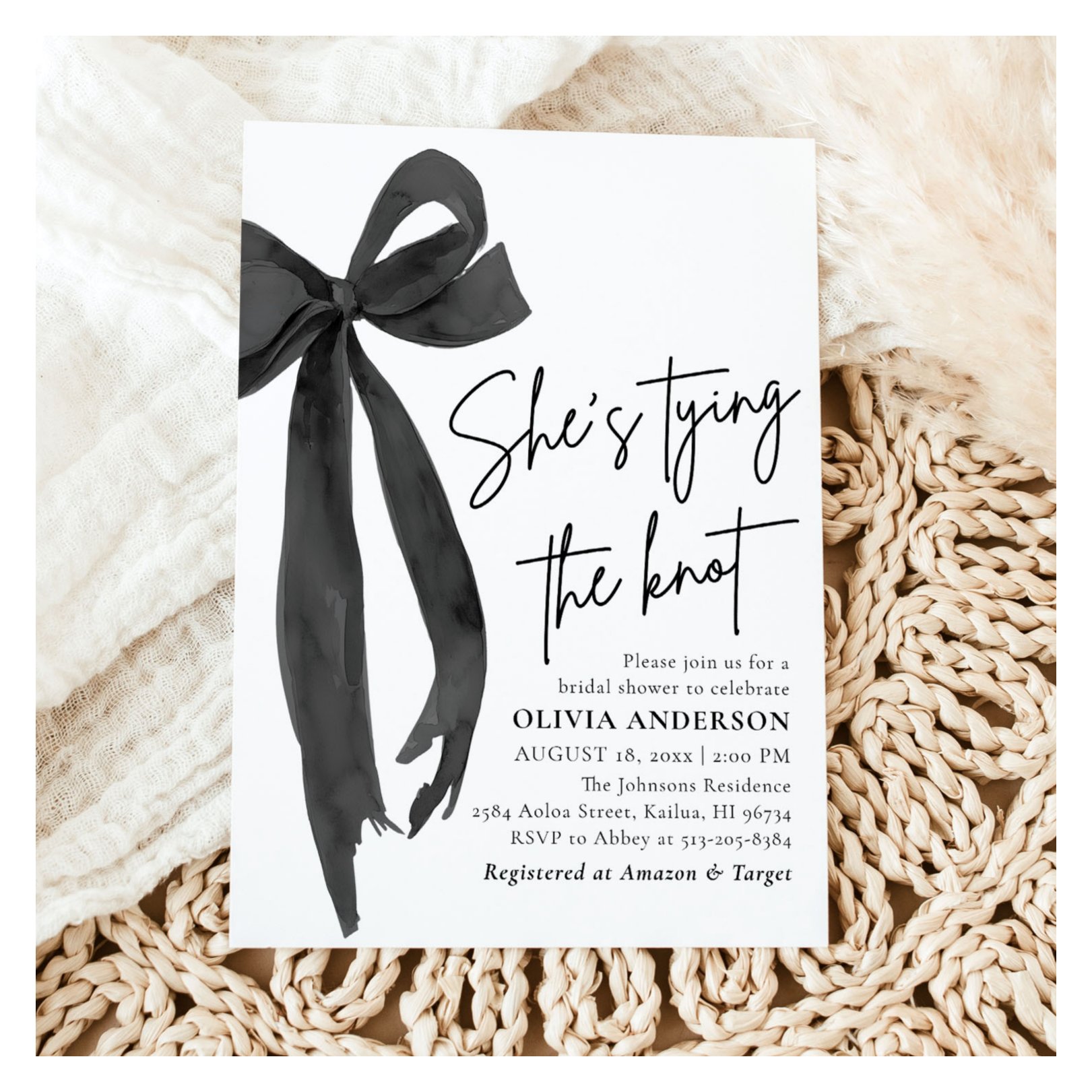 Black Bow She's Tying the Knot Bridal Shower Invitation