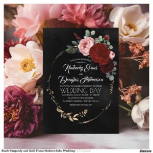 Black Burgundy and Gold Floral Modern Boho Wedding Invitation