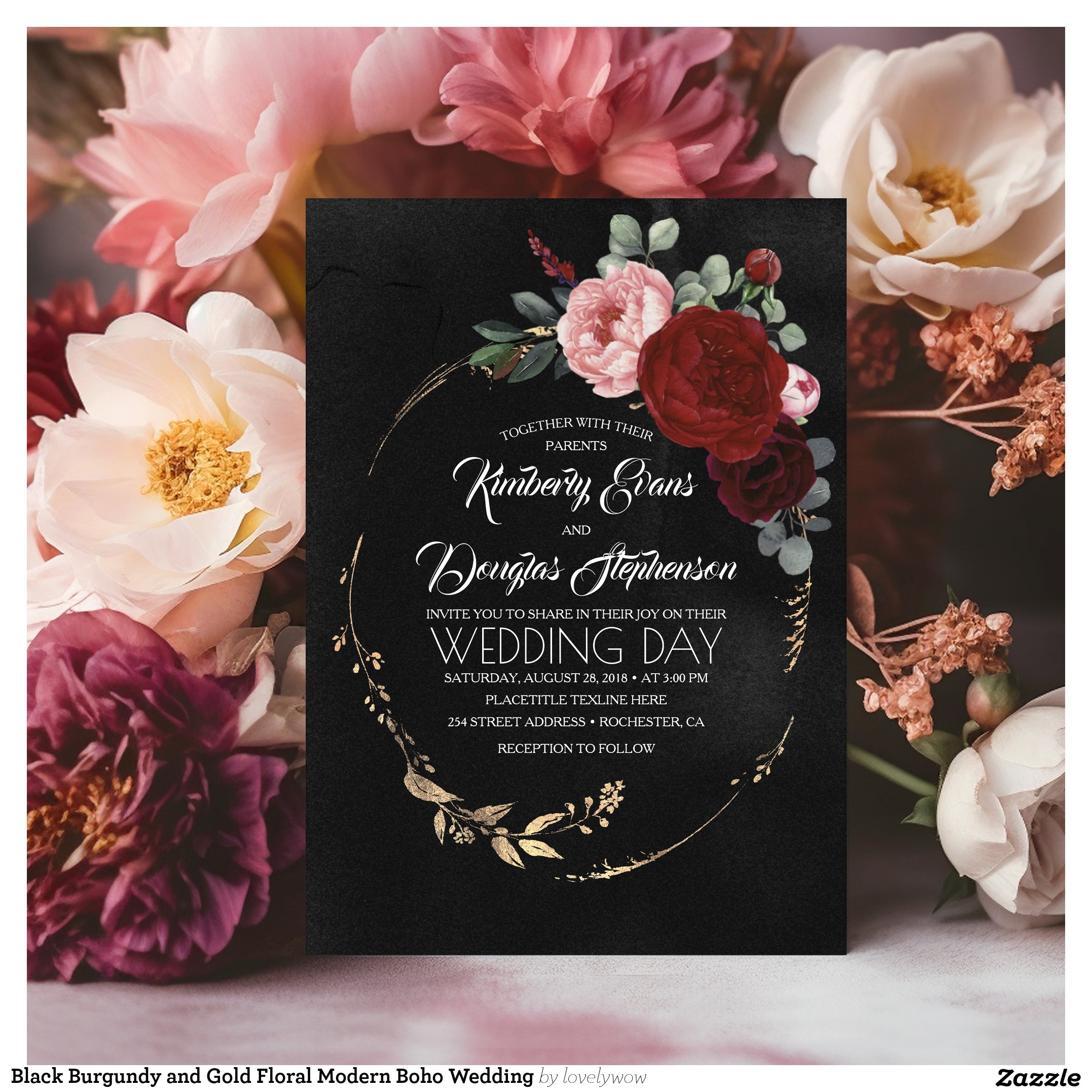 Black Burgundy and Gold Floral Modern Boho Wedding Invitation