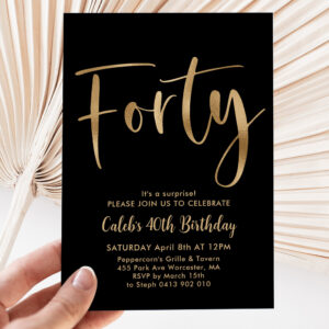 Black Gold 40th Birthday Mens Modern Invitation
