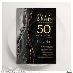 Black Gold Agate Surprise 50th Birthday Invitation