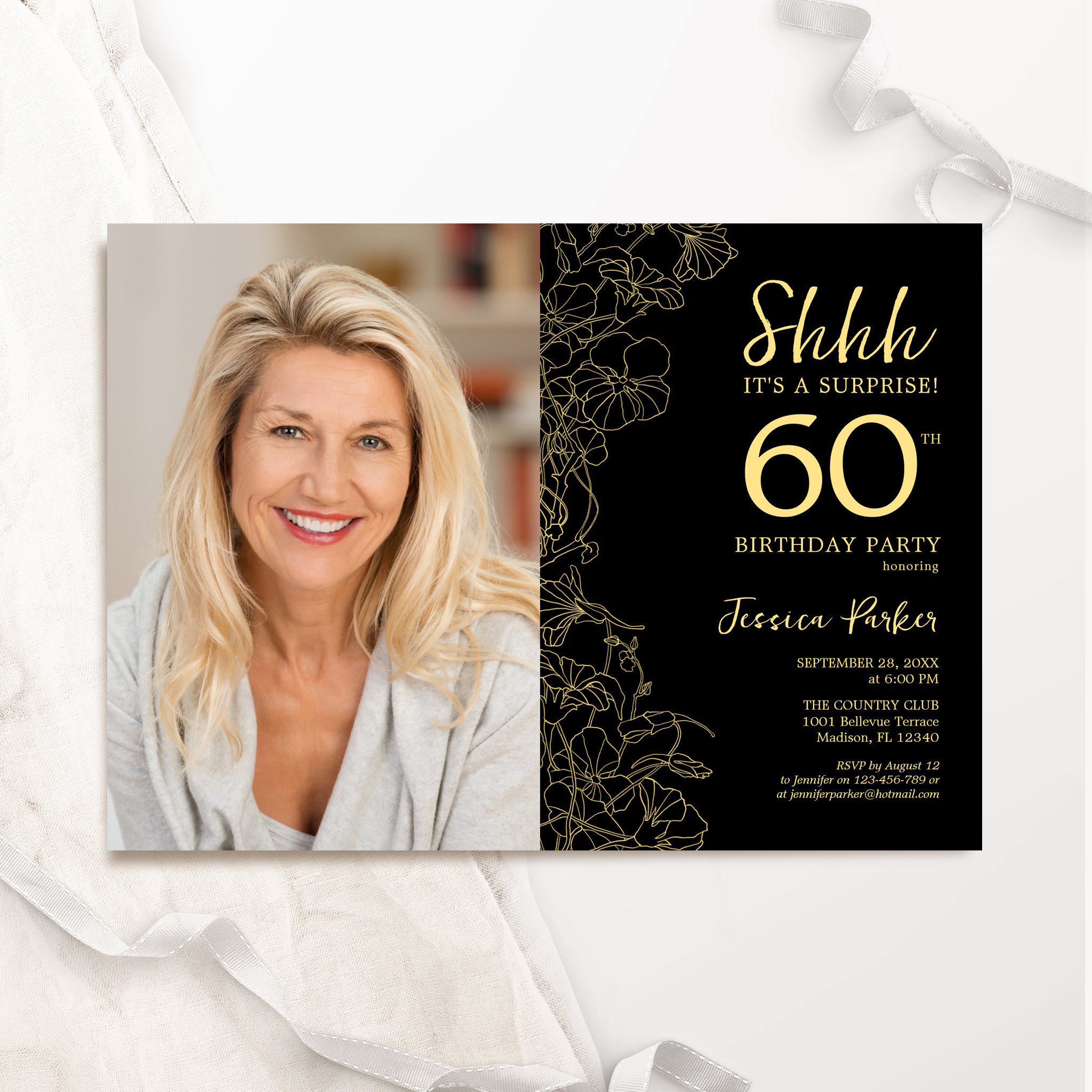Black Gold Elegant Surprise Photo 60th Birthday Invitation