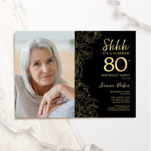 Black Gold Elegant Surprise Photo 80th Birthday Invitation