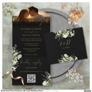 Black Gold Floral Greenery QR Code Wedding Photo All In One Invitation