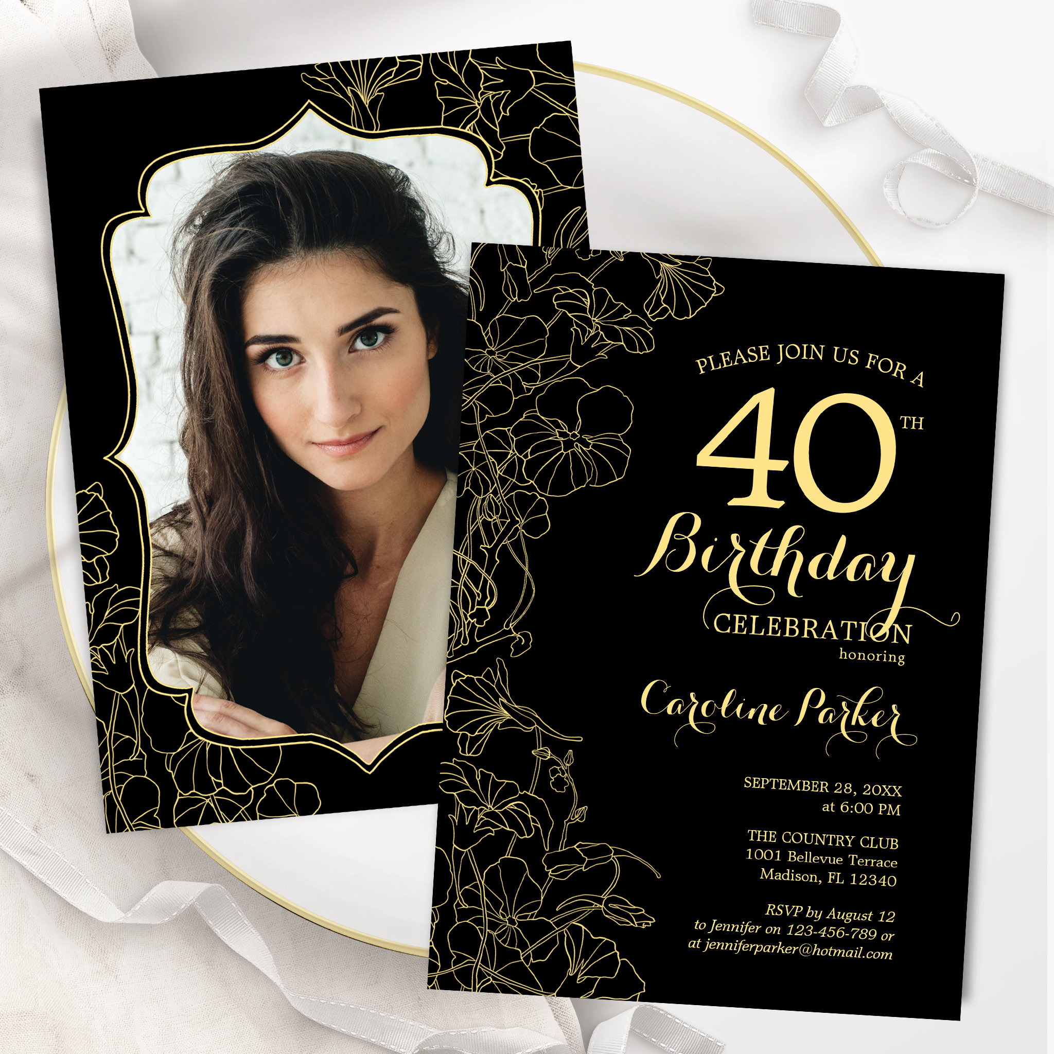 Black Gold Floral Photo 40th Birthday Party Invitation