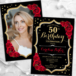 Black Gold Red Roses Photo 50th Birthday Invitation