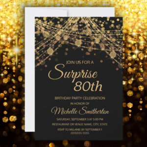Black Gold String Lights Surprise 80th Birthday Invitation