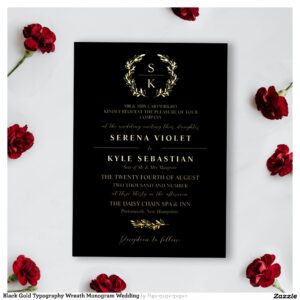 Black Gold Typography Wreath Monogram Wedding Foil Invitation