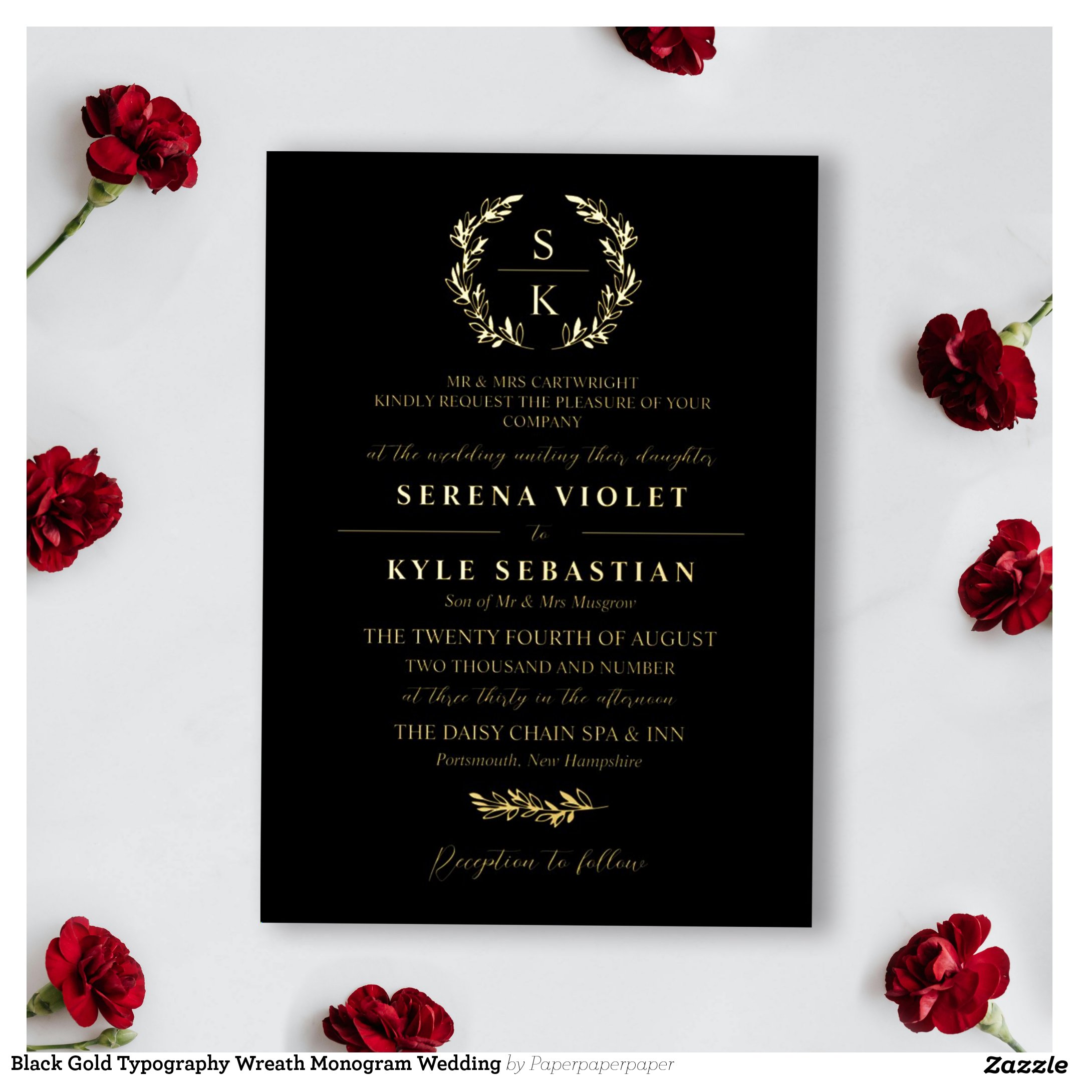 Black Gold Typography Wreath Monogram Wedding Foil Invitation