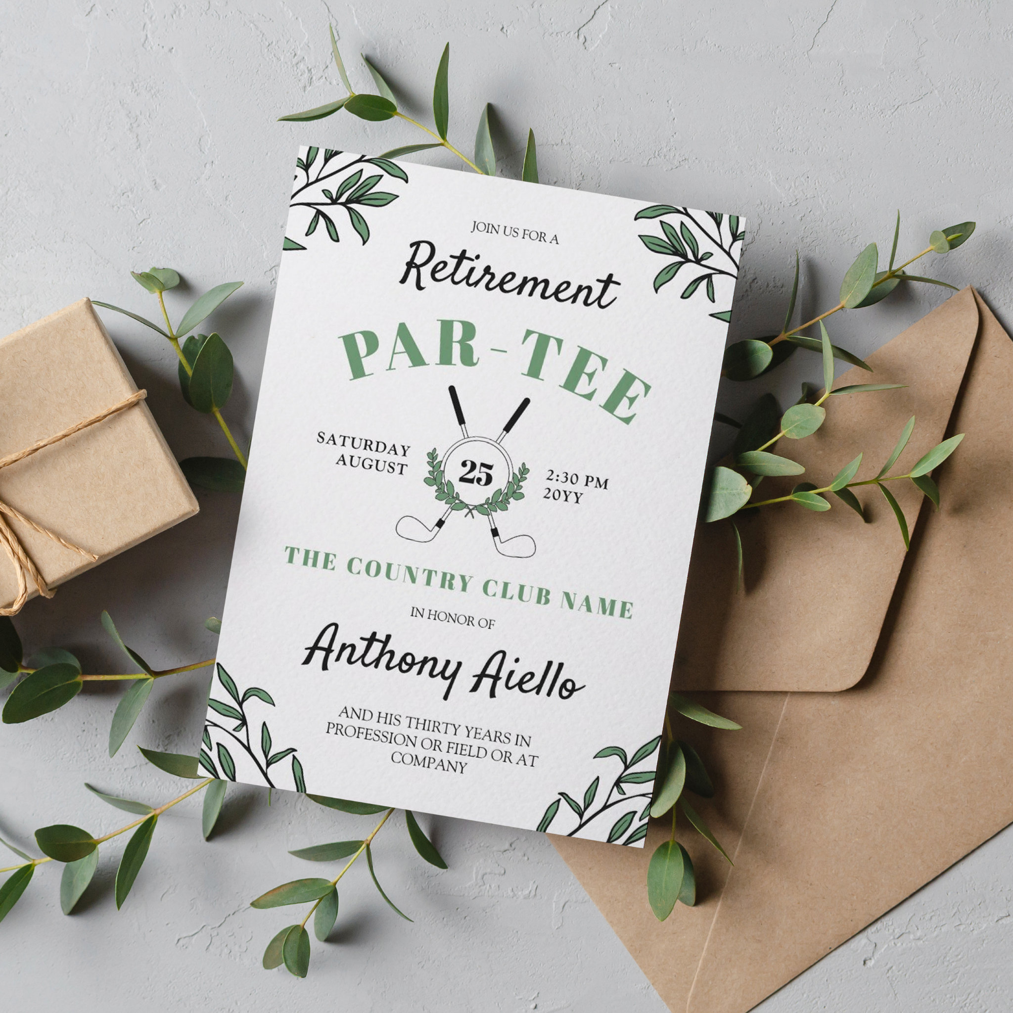 Black Greenery Golf Themed Retirement Party Invitation