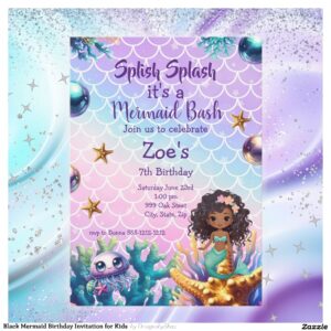Black Mermaid Birthday Invitation for Kids