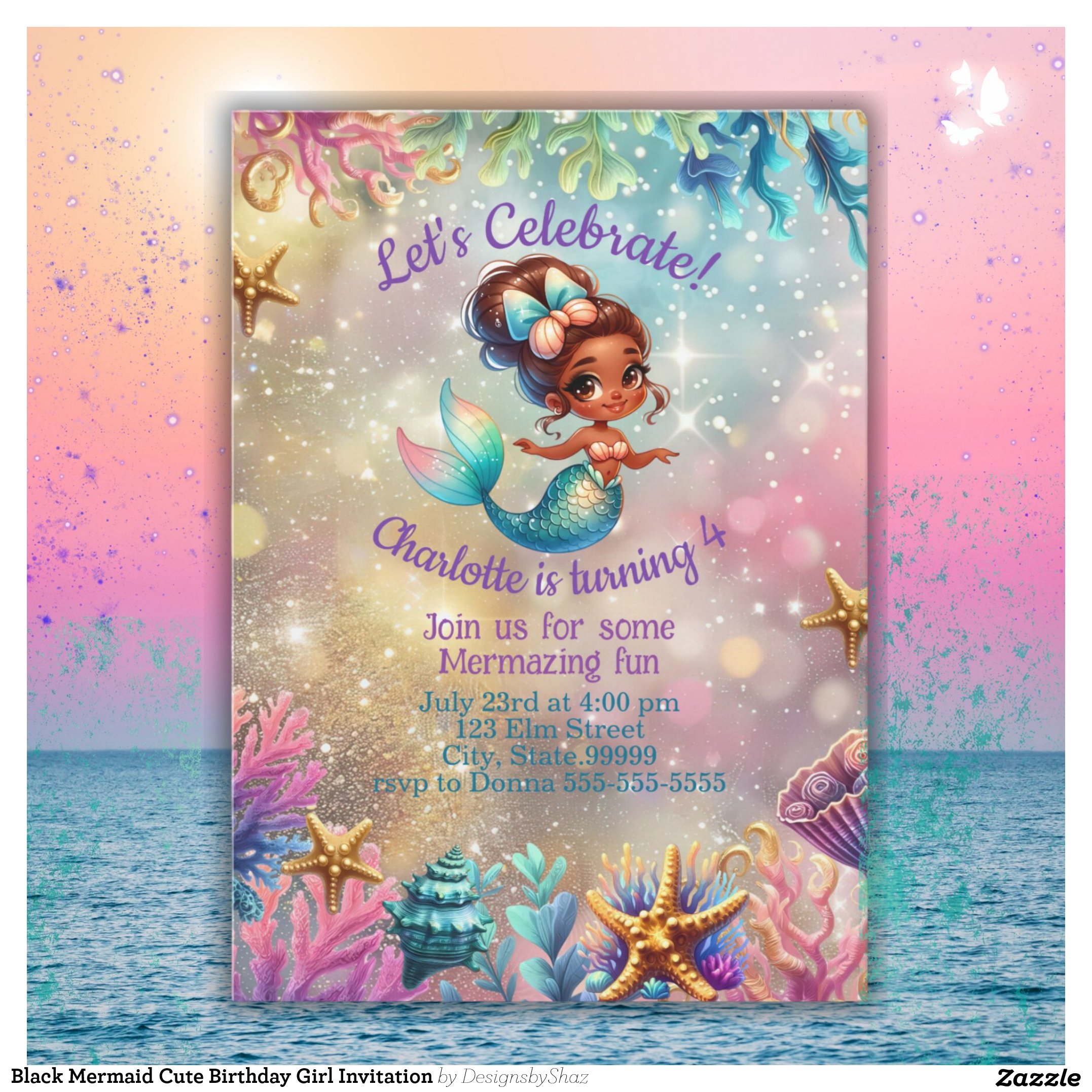 Black Mermaid Cute Birthday Girl Invitation