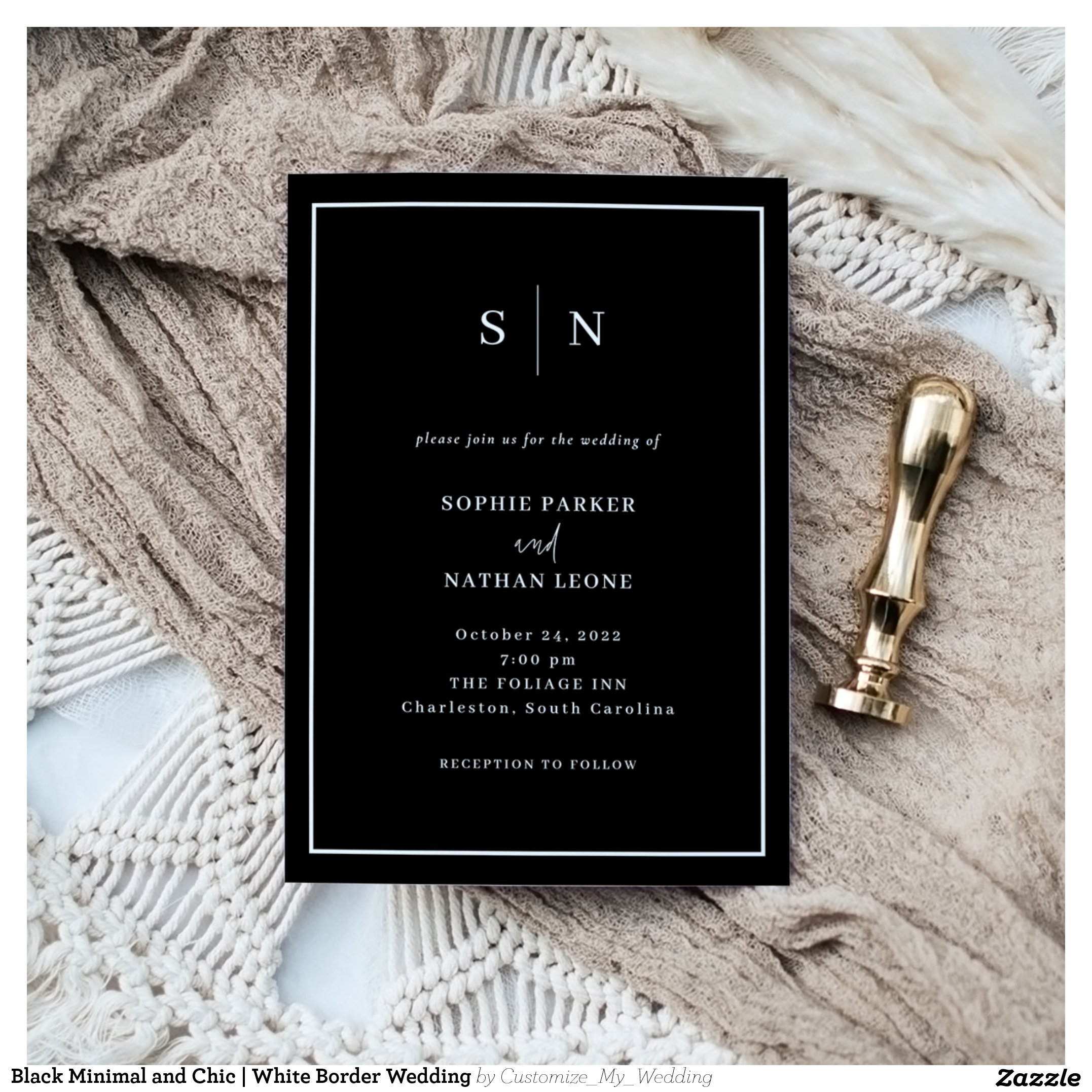 Black Minimal and Chic White Border Wedding Invitation
