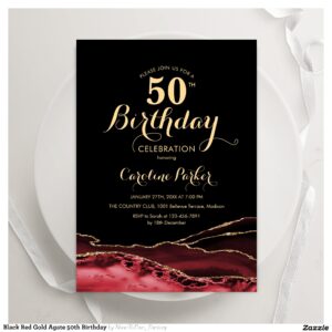 Black Red Gold Agate 50th Birthday Invitation