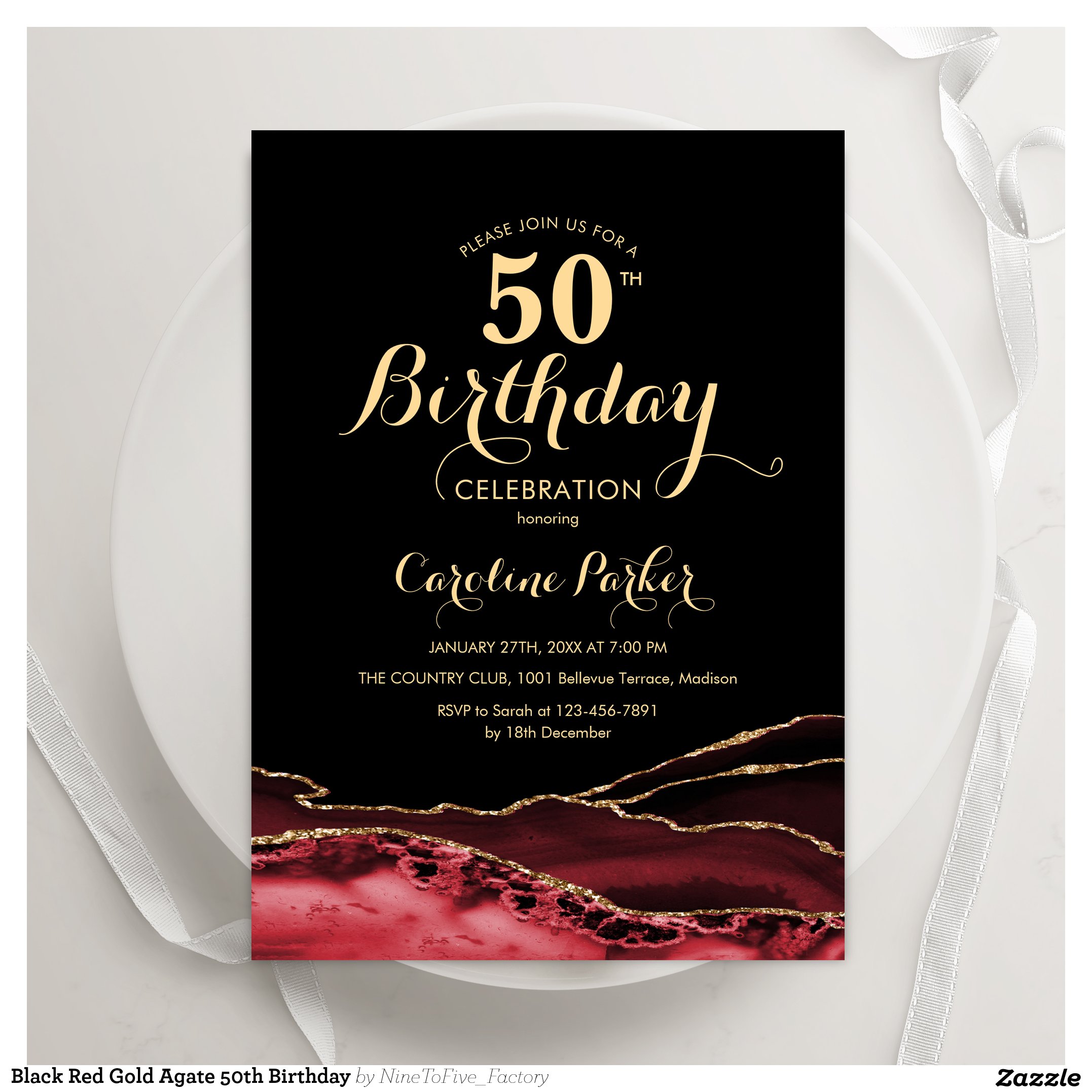 Black Red Gold Agate 50th Birthday Invitation