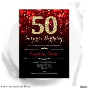 Black Red Gold Surprise 50th Birthday Invitation