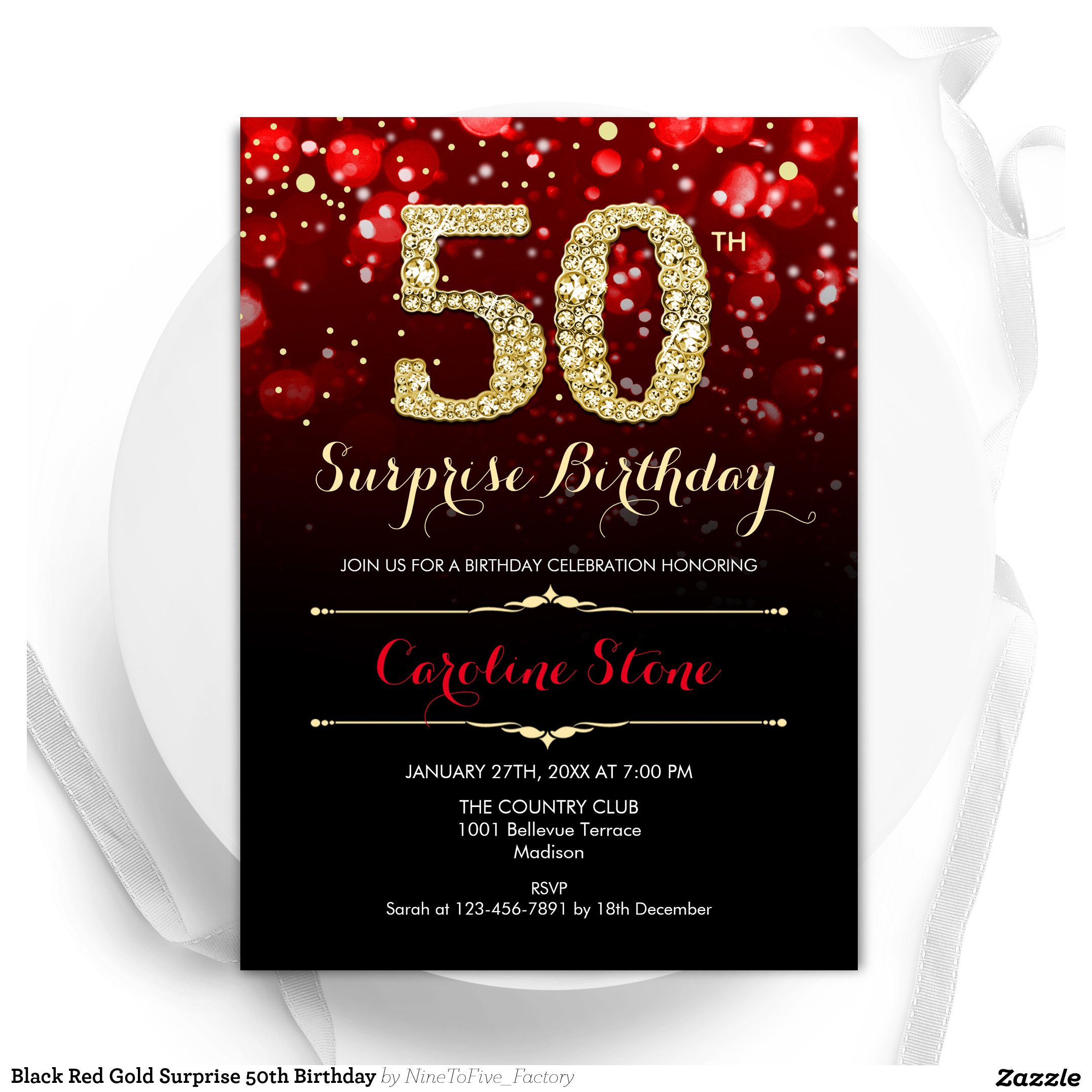 Black Red Gold Surprise 50th Birthday Invitation