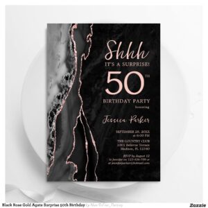 Black Rose Gold Agate Surprise 50th Birthday Invitation