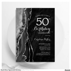 Black Silver Agate 50th Birthday Invitation