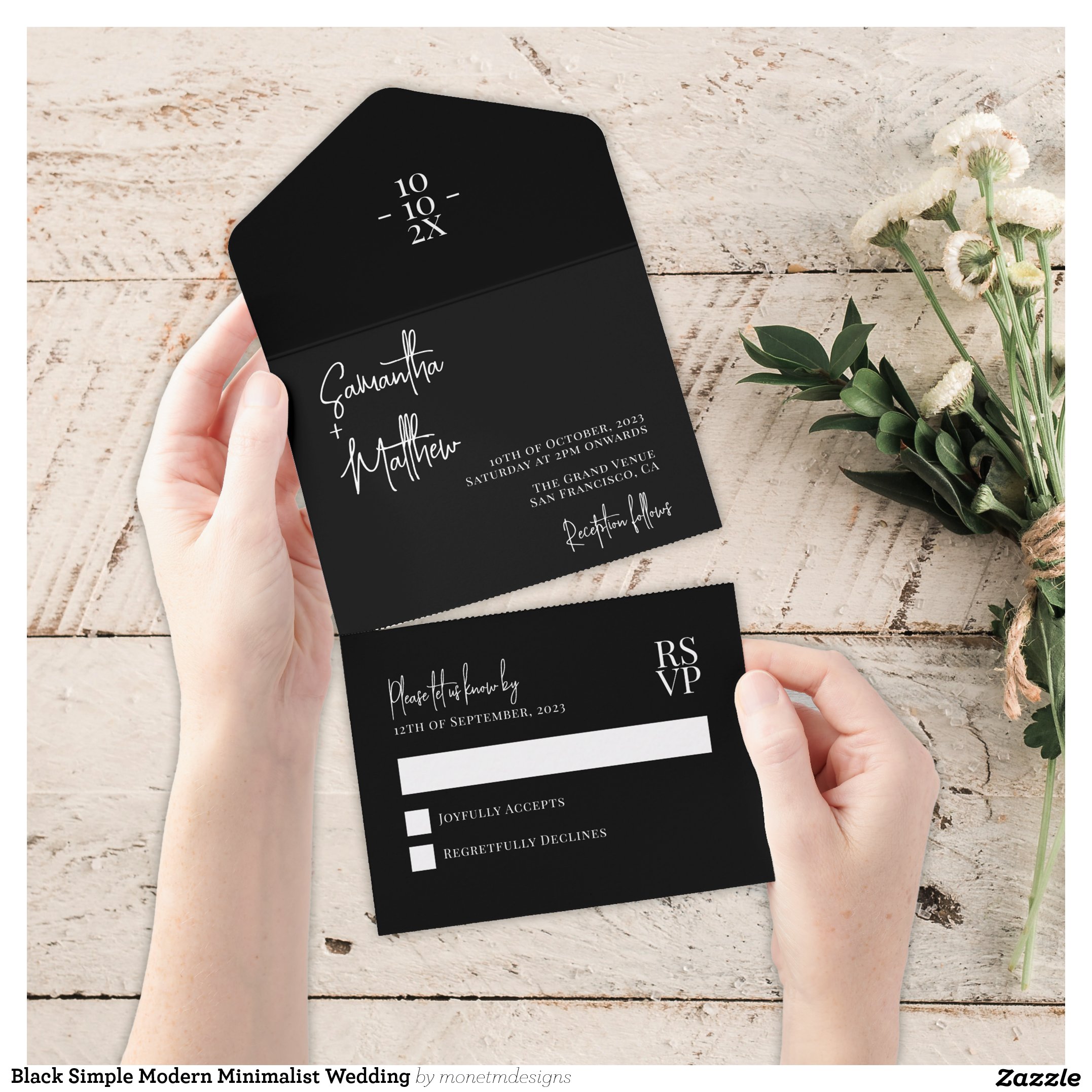 Black Simple Modern Minimalist Wedding All In One Invitation