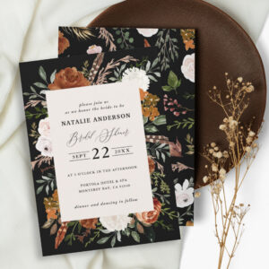 Black terracotta floral rustic bridal shower invitation