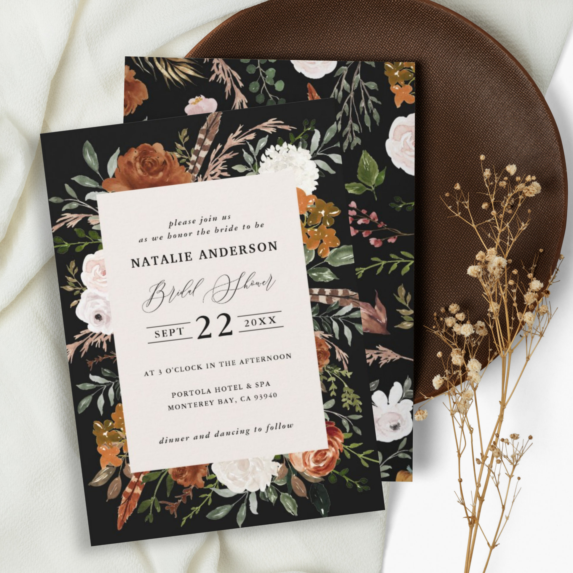 Black terracotta floral rustic bridal shower invitation