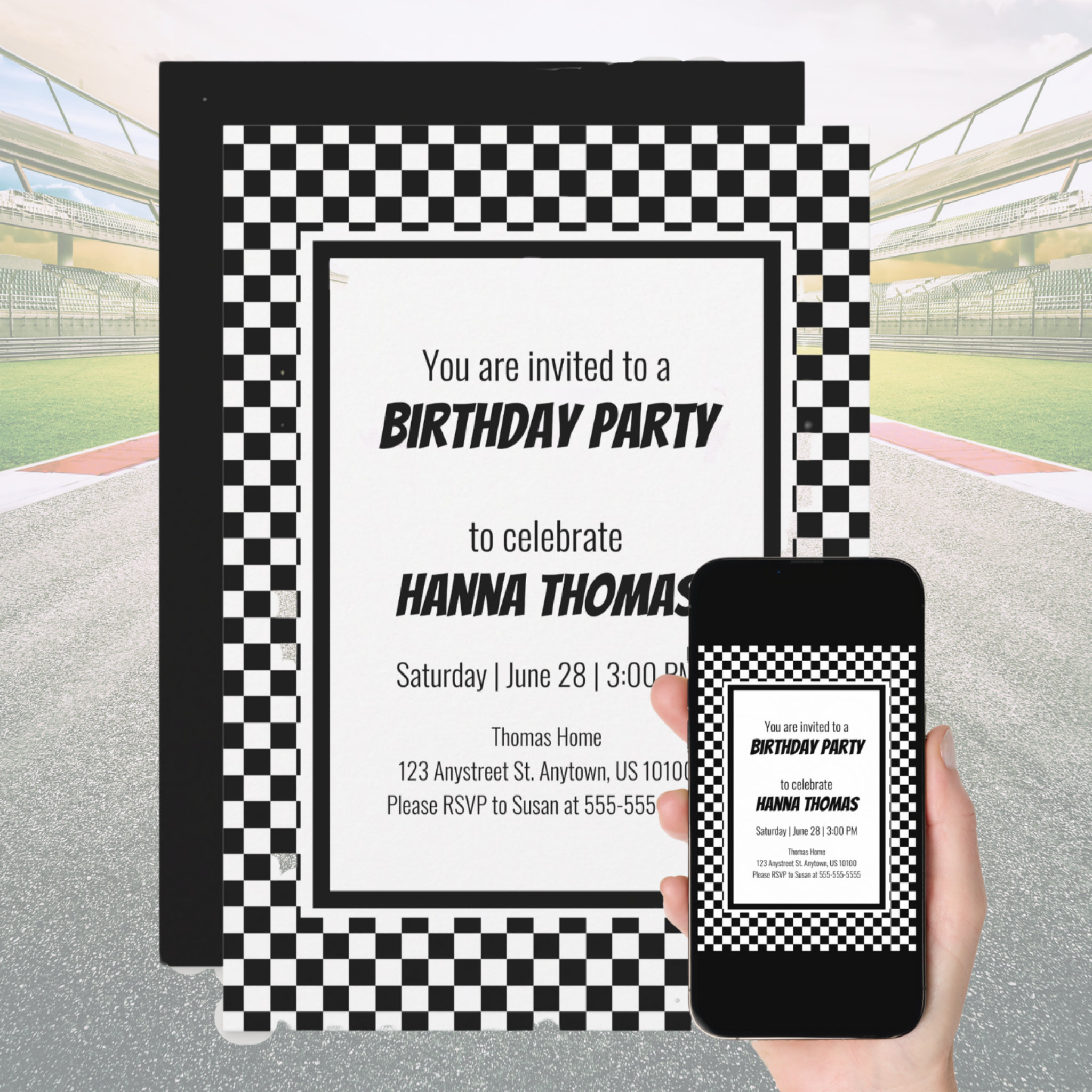 Black White Check Pattern Racing Theme Birthday Invitation