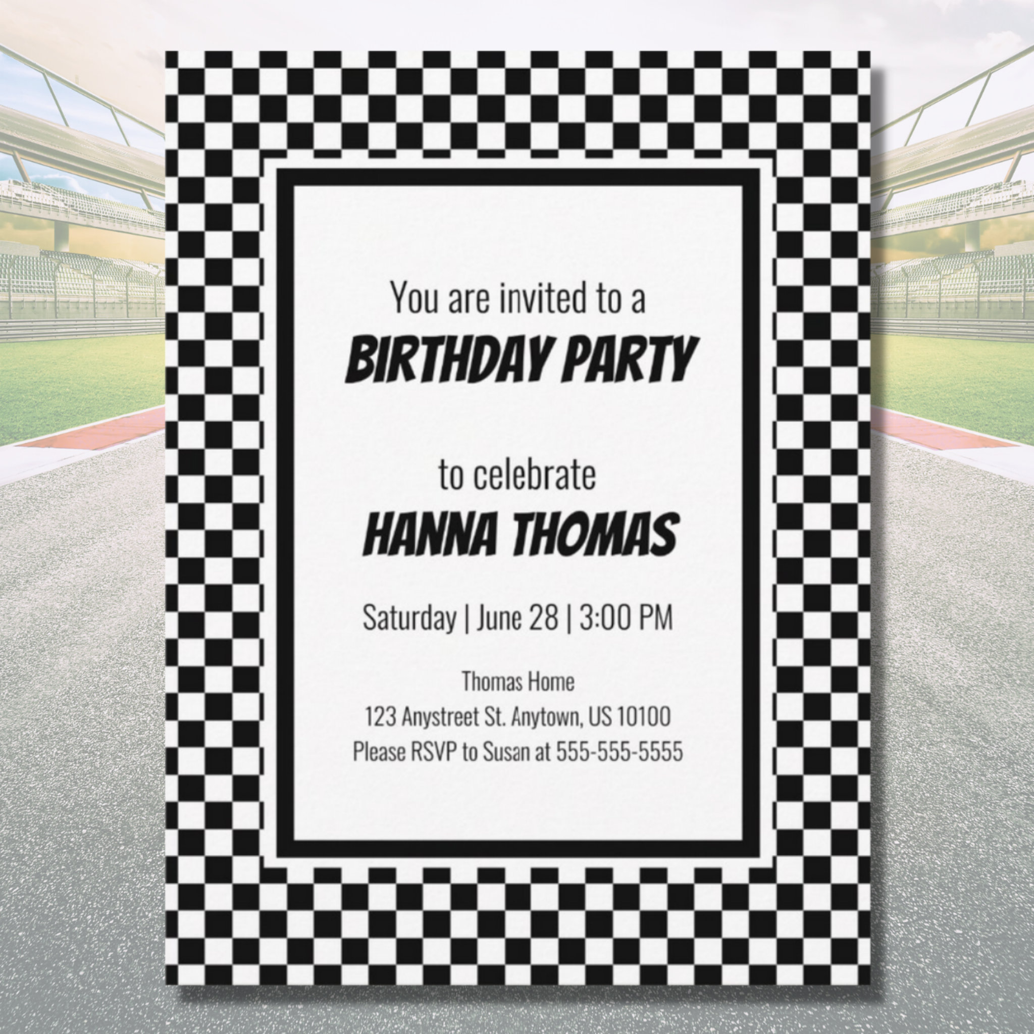 Black White Check Pattern Racing Theme Birthday Invitation Postcard