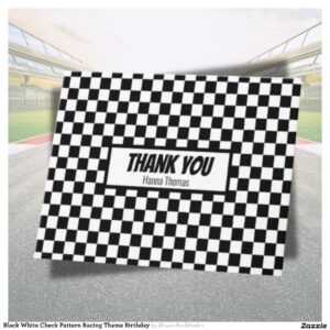 Black White Check Pattern Racing Theme Birthday Thank You Card