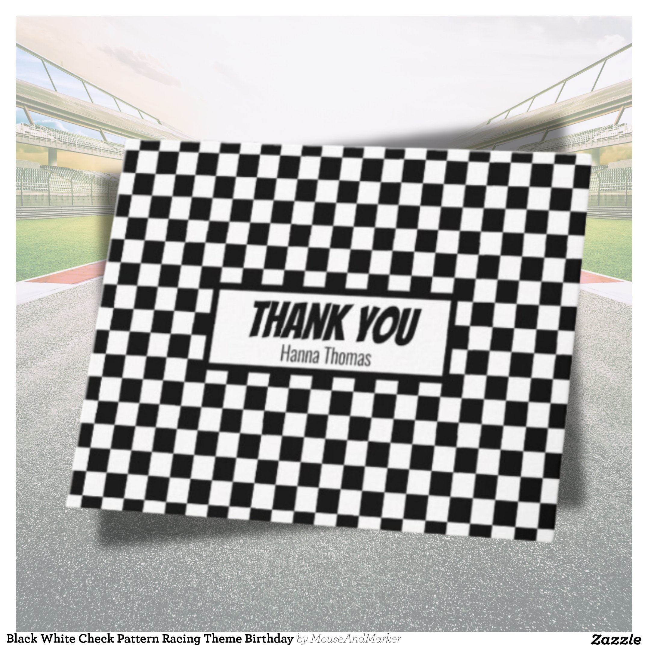 Black White Check Pattern Racing Theme Birthday Thank You Card