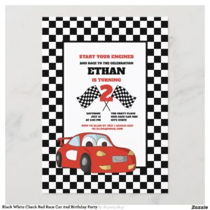 Black White Check Red Race Car 2nd Birthday Party Invitation