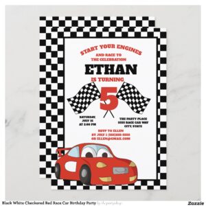 Black White Checkered Red Race Car Birthday Party Invitation