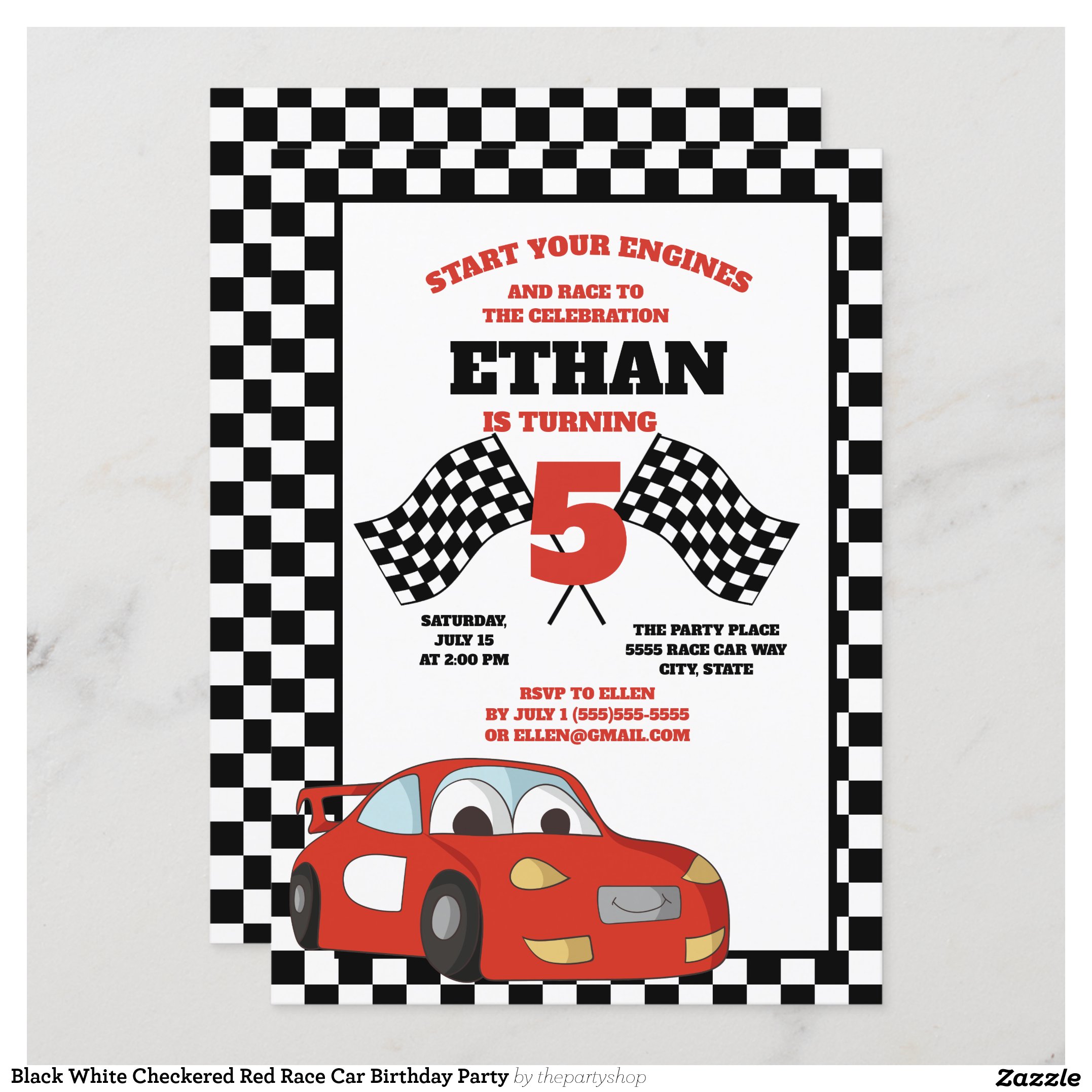 Black White Checkered Red Race Car Birthday Party Invitation
