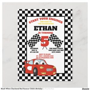 Black White Checkered Red Racecar Child's Birthday Postcard