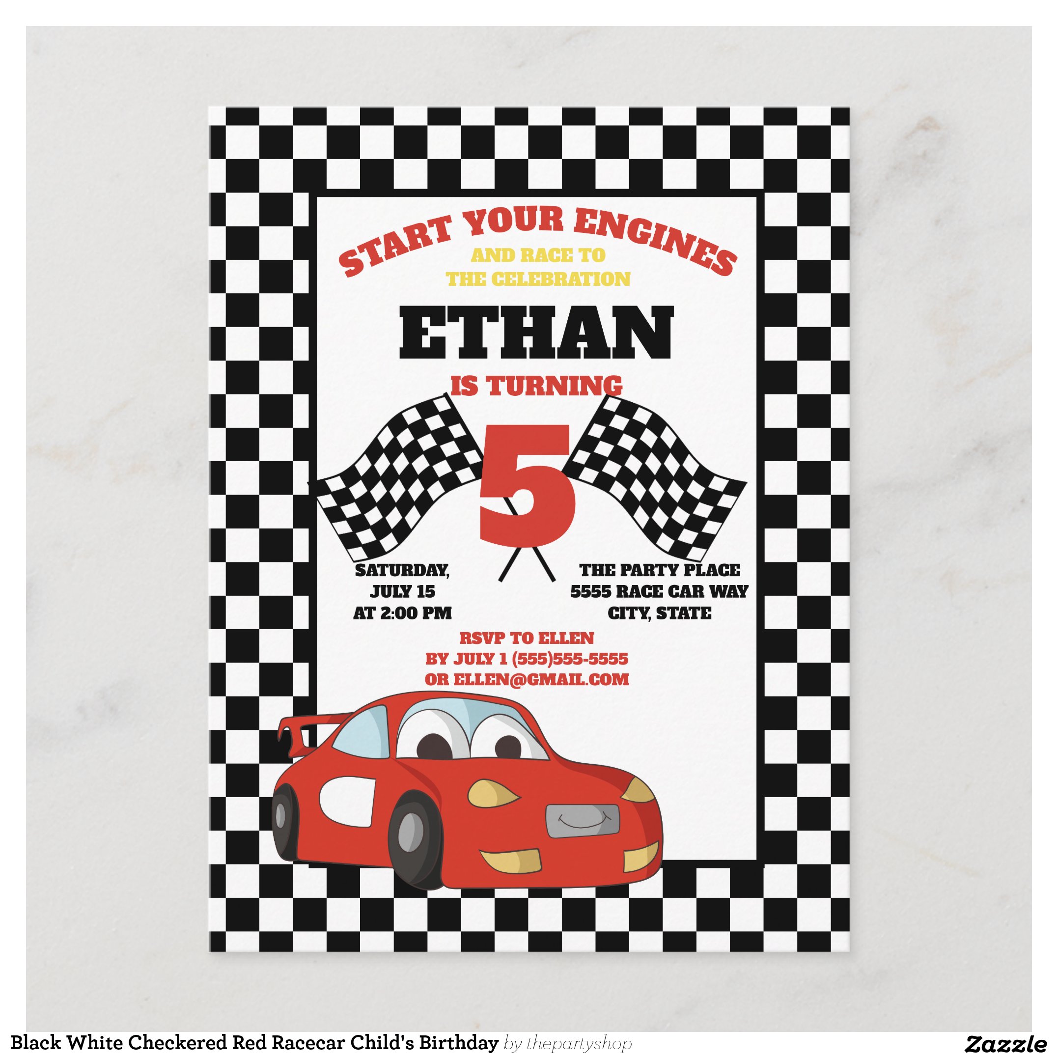 Black White Checkered Red Racecar Child's Birthday Postcard